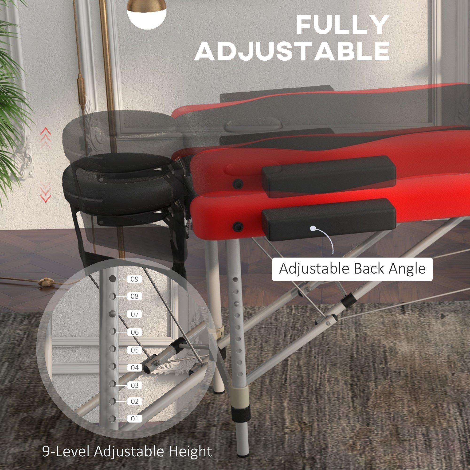 Extra Wide Foldable Portable Massage Table / Bed with Lifting Backrest - Black and Red HOMCOM