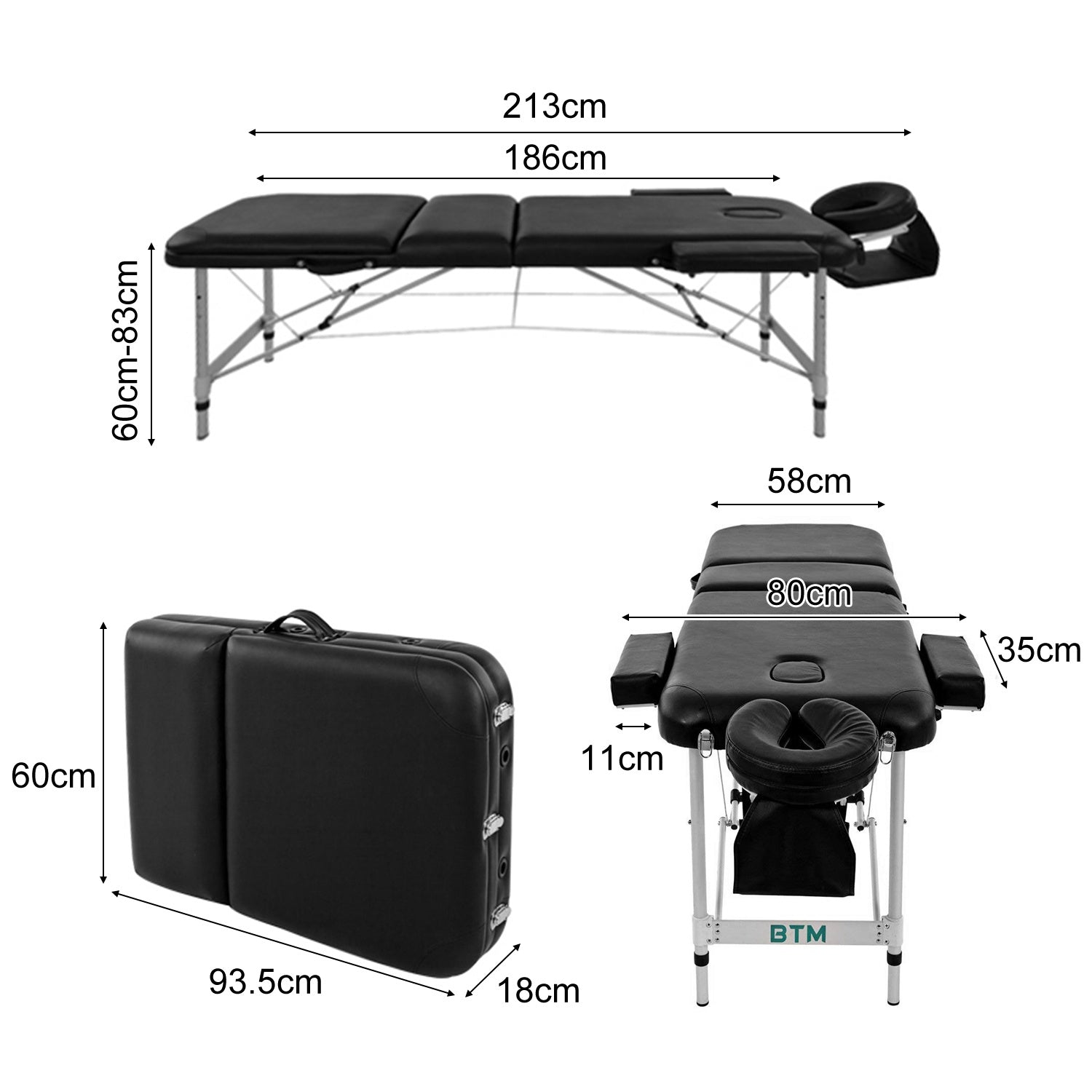 Portable Aluminium Massage Table with Lifting Backrest and Carrying Bag - Black Titbit