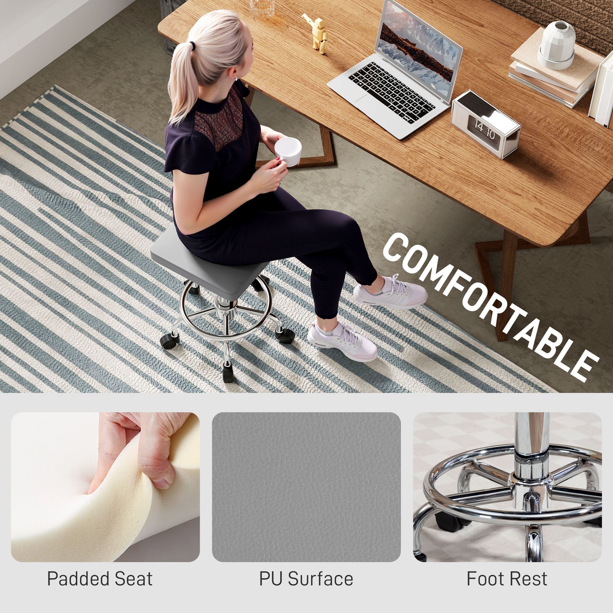 Faux Leather Padded Salon Stool - Grey HOMCOM