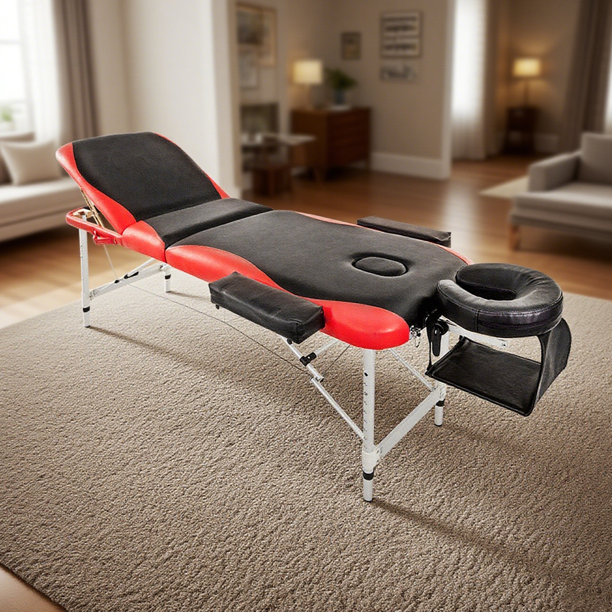 Portable Aluminium Massage Table with Lifting Backrest and Carrying Bag - Black and Red Titbit
